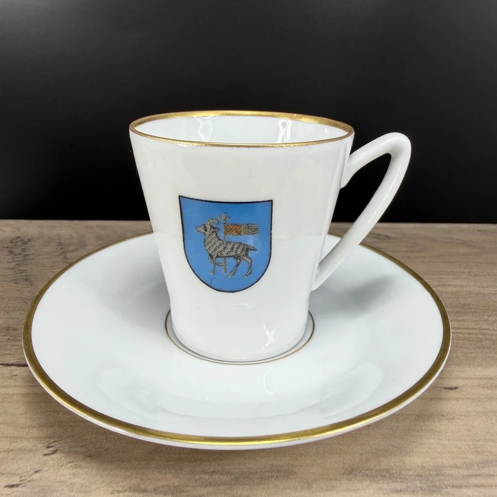 Upsala Ekeby Karlskrona Gotland Sweden‎ Demitasse Cup Saucer Skawonius Gold Trim